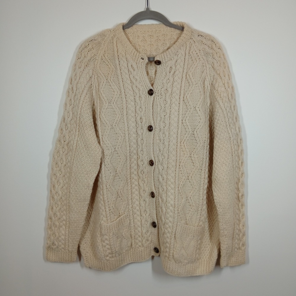 Handknit Cardigan Mens Large Cream Wool Button Up Cable Cottagecore Grandpa Core